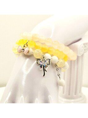 Yellow Stacked Bracelet Set, Beaded Bracelet Stack, Bow Charm Bracelet, Cute